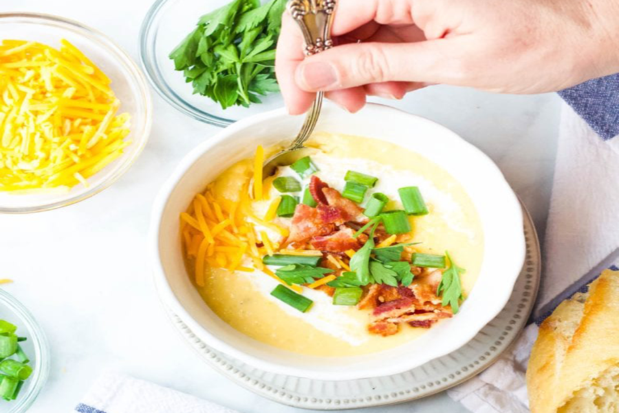 Baked potato soup with chives, bacon, cheese and Cook's Delight Vegetable Soup Stock