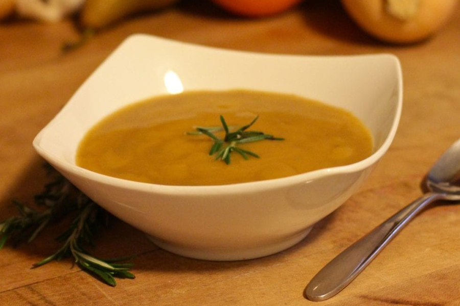 Butternut Squash and Pear Soup with Rosemary and Orange Zest in bowl using Cook's Delight® Vegan Vegetable Soup Base
