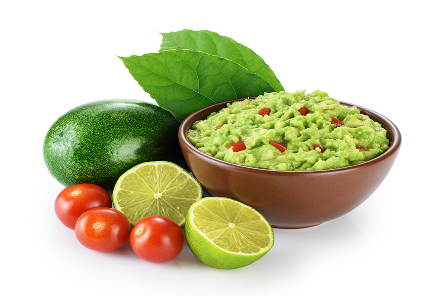 Guacamole Recipe in dish with ingredients and roasted garlic soup base