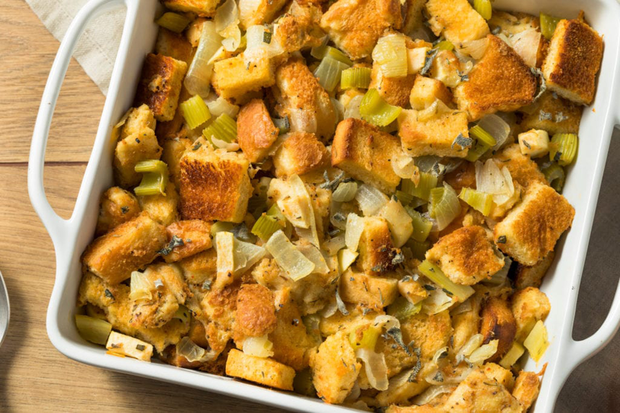 Mom's Sage Stuffing Foodservice Recipe using Cook's Delight® Turkey Base on a Plate with Turkey
