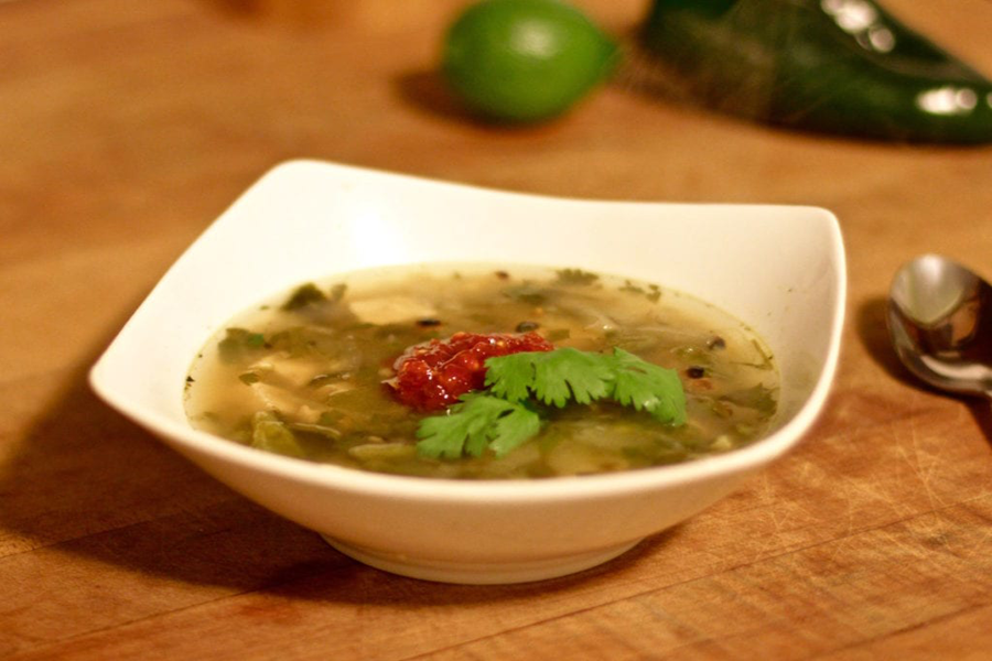 Roasted Poblano Chicken Soup with Cook's Delight Organic Chicken Soup Base served in white bowl