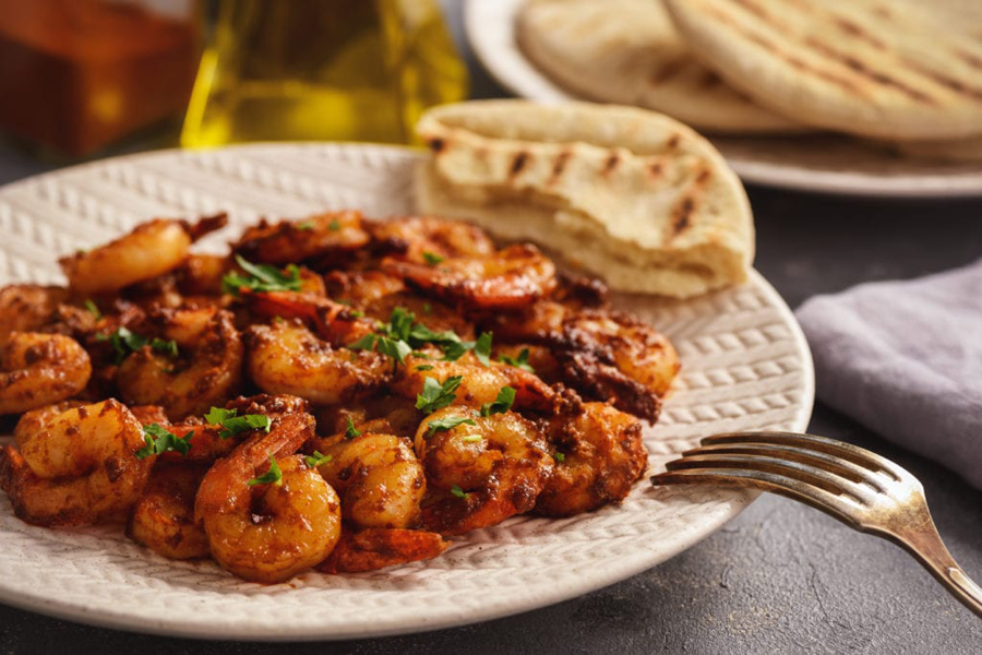 Grilled Moroccan Shrimp with pita and flavored with Cook's Delight Roasted Garlic Soup Base Concentrate