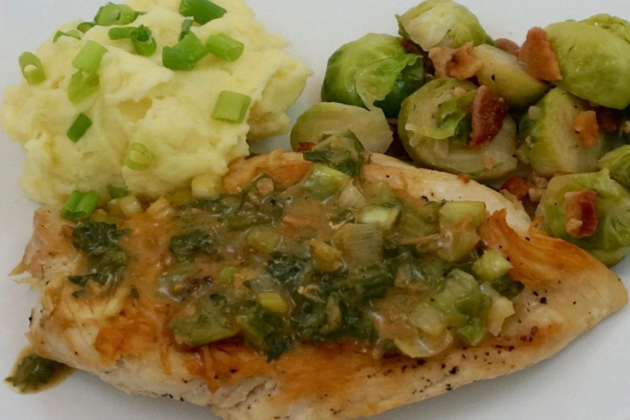 Chicken Breasts Diane with Brussels Sprouts and Mashed Potatoes made with Cook's Delight clean label soup base