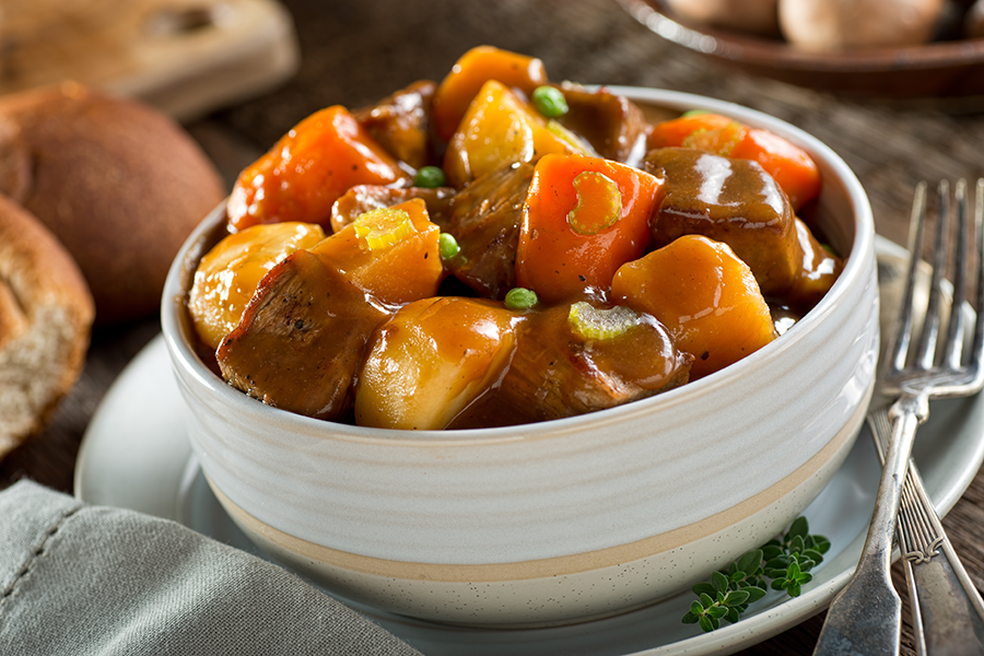 Irish Beef Stew in bowl with carrots, onions, potato and using Cook's Delight® Beef Soup Base