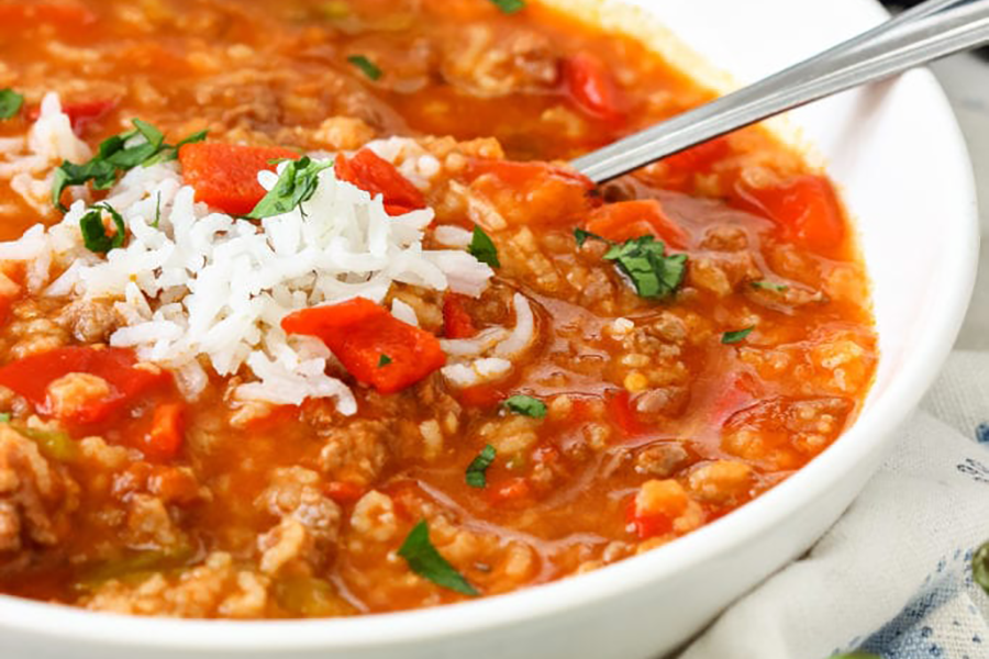 Stuffed pepper soup made with Cook's Delight clean label Vegetable soup stock