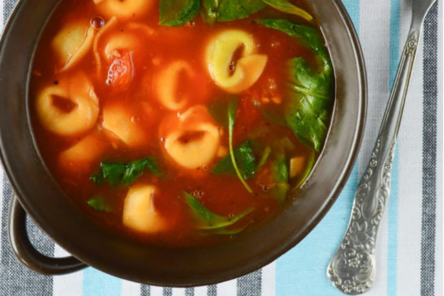 Spinach and tortellini soup with Cook's Delight vegan vegetable soup stock